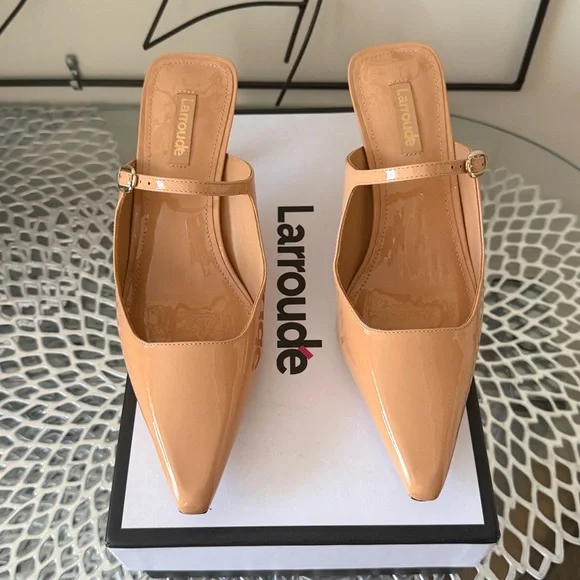 Larroude Ines Pointed Toe High Heel Patent Leather Mules in Tan Size 8 NIB - Picture 6 of 11